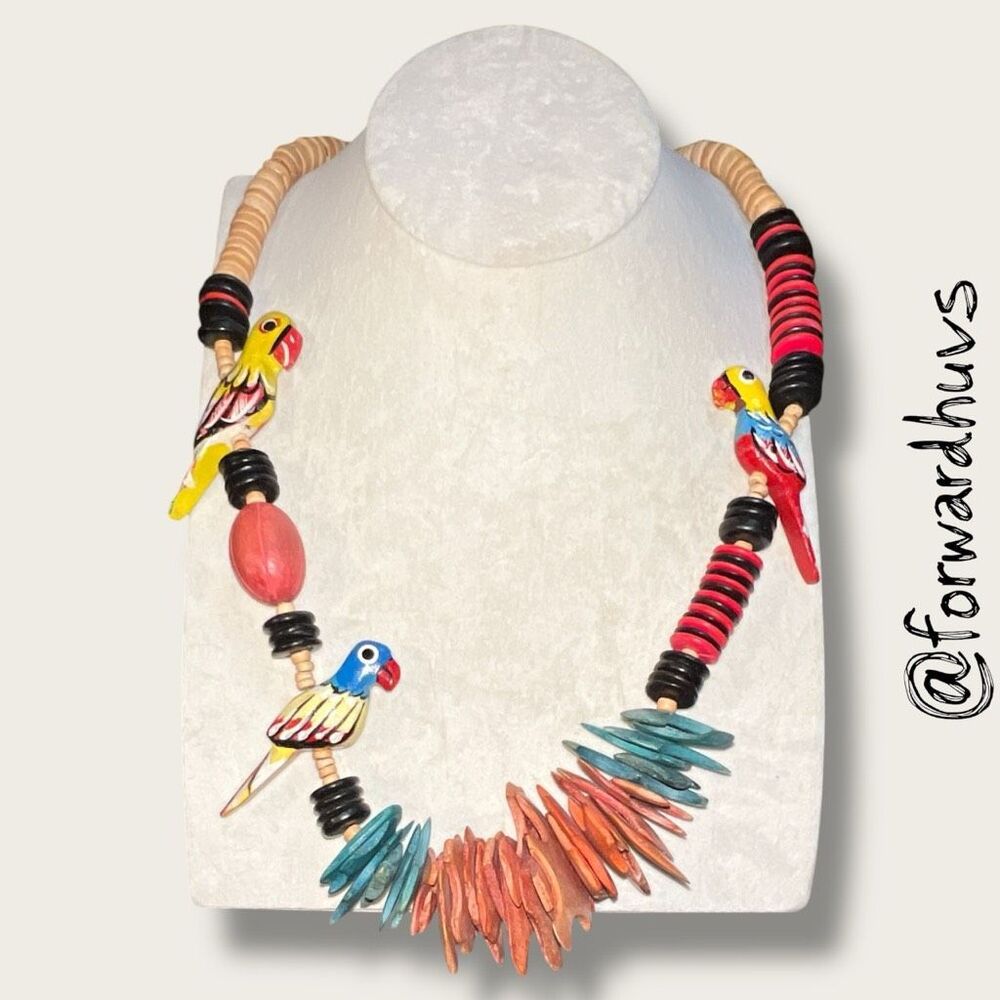 Artisan Hand Painted Parrot Wood Statement Necklace Tropical Boho OOAK